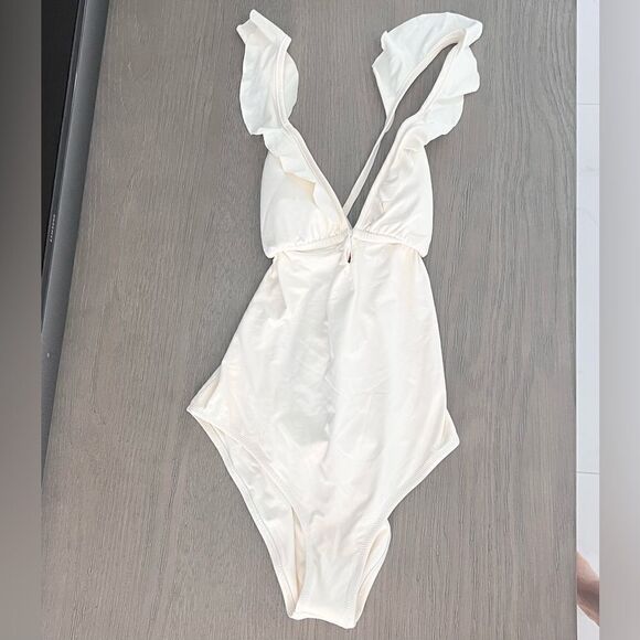 🤍 NWT Eberjey Grayson Ruffle One Piece Bathing Suit, Ecru Size S - Picture 7 of 9